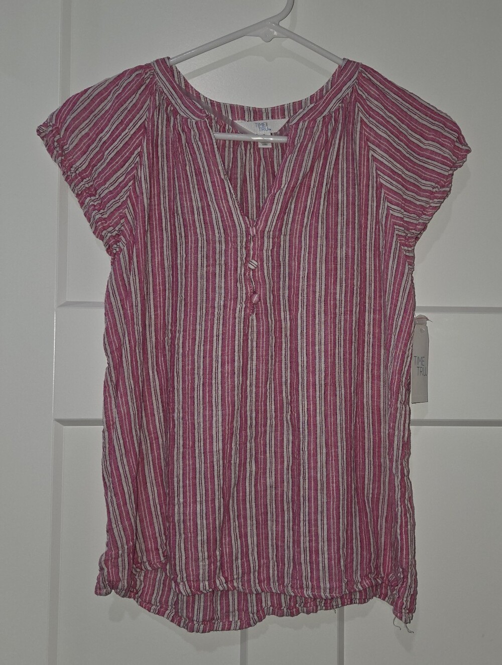 Time and Tru Pink and White Striped Short Sleeve Tunic - Small (4-6)